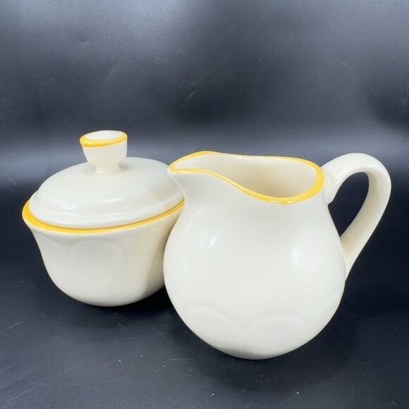 Vintage Franciscan Pottery Sugar Bowl And Creamer Set Ivory With Yellow Edges - Picture 9 of 15